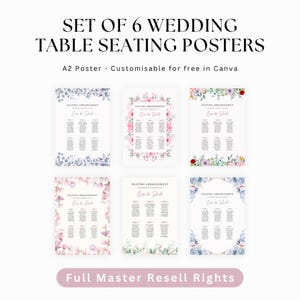 Könnte beinhalten: Ein Set aus sechs Hochzeits-Tischsitzplänen. Jedes Poster hat ein florales Bordürendesign in verschiedenen Farben, mit dem Text "SEATING ARRANGEMENT" und anpassbaren Namen. Die Poster sind im A2-Format und in Canva anpassbar.