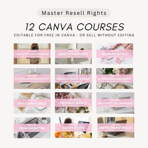 Puede incluir: Un listado de productos digitales titulado Master Resell Rights 12 CANVA COURSES, que presenta doce miniaturas de cursos con pancartas rosas. Los títulos incluyen Faceless Instagram Marketing, Master Your Mind, Branding Basics y otros.