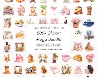 May include: A digital collection of over 500 watercolor-style clipart illustrations featuring diverse subjects including food, landmarks, animals, and seasonal items, with a central text box reading Transparent JPG Files 500+ Clipart Mega Bundle.