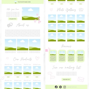 May include: A light green and white website template with sections for a shop name, title, text, photo gallery, about us, products, reviews, and a mailing list signup. The design includes heart and speech bubble graphics.