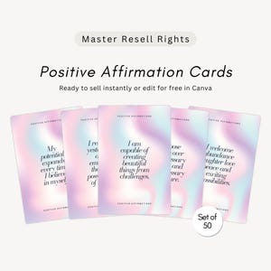 May include: A set of 50 positive affirmation cards with a holographic pastel background. The cards feature black text including the phrases Master Resell Rights, Positive Affirmation Cards, and Ready to sell instantly or edit for free in Canva.