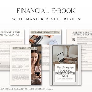 以下が含まれることがあります： 白い背景と薄い茶色のデザインのデジタル電子書籍の表紙。表紙には「MRRで経済的自由を達成する方法」というタイトルと「オンデマンドデジタル製品を販売して受動収入を得るためのガイド」というテキストが記載されています。