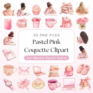 Puede incluir: Una colección de imágenes prediseñadas en rosa pastel, que incluyen ilustraciones de una magdalena, libros, un portátil, una taza de té y una vela. El texto dice "50 PNG FILES Pastel Pink Coquette Clipart".