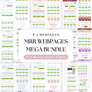 Könnte beinhalten: Neun Webseiten-Layouts in verschiedenen Pastellfarben werden gezeigt. Der Text "9 x WEBPAGES MRR WEBPAGES MEGA BUNDLE Full Master Resell Rights" ist enthalten. Jedes Design bietet Bereiche für Inhalte, Bilder und Navigation.