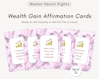 May include: A set of 25 Wealth Gain Affirmation Cards featuring a pink background with a pattern of stacked dollar bills. Each card displays a central white rectangle with a gold coin icon, an upward red arrow, and text including Money always flows to me easily and consistently.
