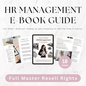 May include: An HR Management E-Book Guide with the text "HR MANAGEMENT E-BOOK GUIDE" in a black font. The guide includes a tablet with the title "Understanding HR Management E-book guide" and other documents. The text "Full Master Resell Rights" is also visible.