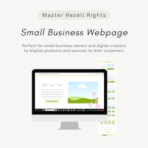 Könnte beinhalten: Eine digitale Vorlage für eine Kleinunternehmer-Webseite mit dem Text Master Resell Rights und Small Business Webpage. Der Bildschirm zeigt ein Website-Layout mit einer Landschaftsillustration, rosa Herzen und Platzhaltertext.