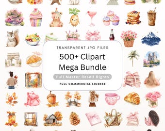 May include: A collection of watercolor clipart images, including food, animals, and floral arrangements. The images are in a variety of colors, including pink, yellow, and green. The text in the image reads "500+ Clipart Mega Bundle".