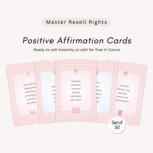 May include: A set of 50 positive affirmation cards featuring a pink gingham border and small decorative icons. The cards display text including Master Resell Rights, Positive Affirmation Cards, and Ready to sell instantly or edit for free in Canva.