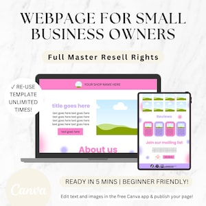 May include: A laptop and tablet display a website template with a pink and white color scheme. The laptop screen shows a webpage layout with placeholder text and images. The tablet displays a mobile-friendly version. Text includes "WEBPAGE FOR SMALL BUSINESS OWNERS" and "Full Master Resell Rights."