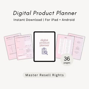 Pode incluir: Um planejador de produtos digitais para iPad e Android com 36 páginas. A tela exibe o texto Digital Product Planner, Instant Download, For iPad + Android e Master Resell Rights. Várias páginas de planejador rosa claro são visíveis.