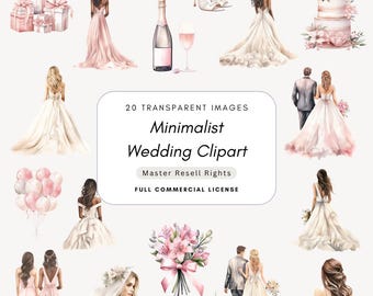 May include: A collection of 20 digital illustrations featuring wedding-themed elements including brides in gowns, a groom, gift boxes, a champagne bottle, high heels, a tiered cake, balloons, and a floral bouquet with the text 20 TRANSPARENT IMAGES.