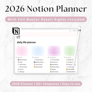 Notion Planner, 2026 Dashboard, Budget, Mahlzeiten, Reinigung, Master Wiederverkaufsrechte MRR