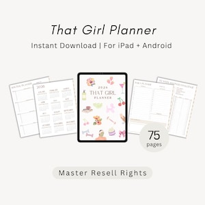 May include: A digital 2026 That Girl Planner with 75 pages, featuring a tablet display showing a cover with colourful icons like flowers, cherries, and skincare items, alongside printable pages for routines, calendars, and a 52-week savings challenge.