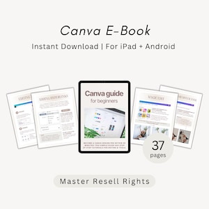 May include: A digital Canva E-Book guide for beginners featuring 37 pages of tutorials for iPad and Android. The cover displays the text Canva guide for beginners, while surrounding pages show instructions for editing, hyperlinks, and magic edit tools.