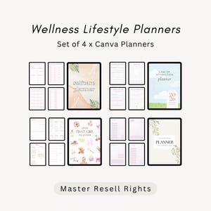 Puede incluir: Un conjunto de cuatro planificadores digitales de bienestar diseñados en Canva, con varios diseños de páginas internas y portadas que incluyen Selfcare Planner, Law of Attraction Planner 2026, That Girl Planner 2026 y un planificador floral.