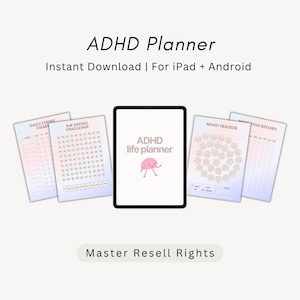 Może przedstawiać: Cyfrowy planer ADHD wyświetlony na ekranie tabletu, otoczony czterema stronami zawierającymi tabelę obowiązków, wyzwanie oszczędnościowe 2K, tracker nastroju oraz rejestr długów, wszystko na tle z różowo-niebieskim gradientem.