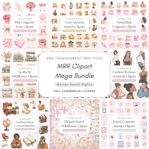 Könnte beinhalten: Eine digitale Sammlung von 400 transparenten PNG-Dateien mit dem Titel MRR Clipart Mega Bundle. Das Bild zeigt verschiedene thematische Sets, darunter Pink Coquette, Cozy Autumn, Pastel Pink, Aesthetic Wildflower, Fashion Woman, Book Carousel und Stamps.