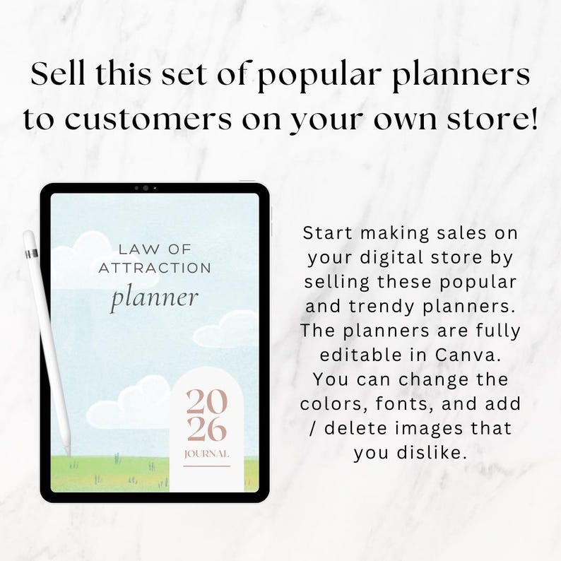 Puede incluir: Dise&ntilde;o de planificador digital con el texto "Law of Attraction planner" en la pantalla de una tableta. La imagen incluye el texto "2026 Journal" y la frase "Sell this set of popular planners to customers on your own store!"
