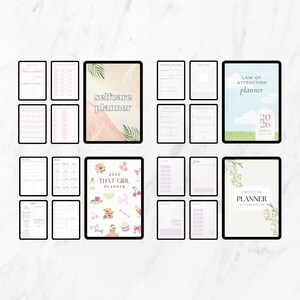 Puede incluir: Una colecci&oacute;n de planificadores digitales mostrados en tabletas. Los planificadores incluyen dise&ntilde;os para el autocuidado, la ley de la atracci&oacute;n y la definici&oacute;n de objetivos. La paleta de colores incluye rosa, beige y verde, con textos como "selfcare planner" y "2026 THAT GIRL PLANNER."