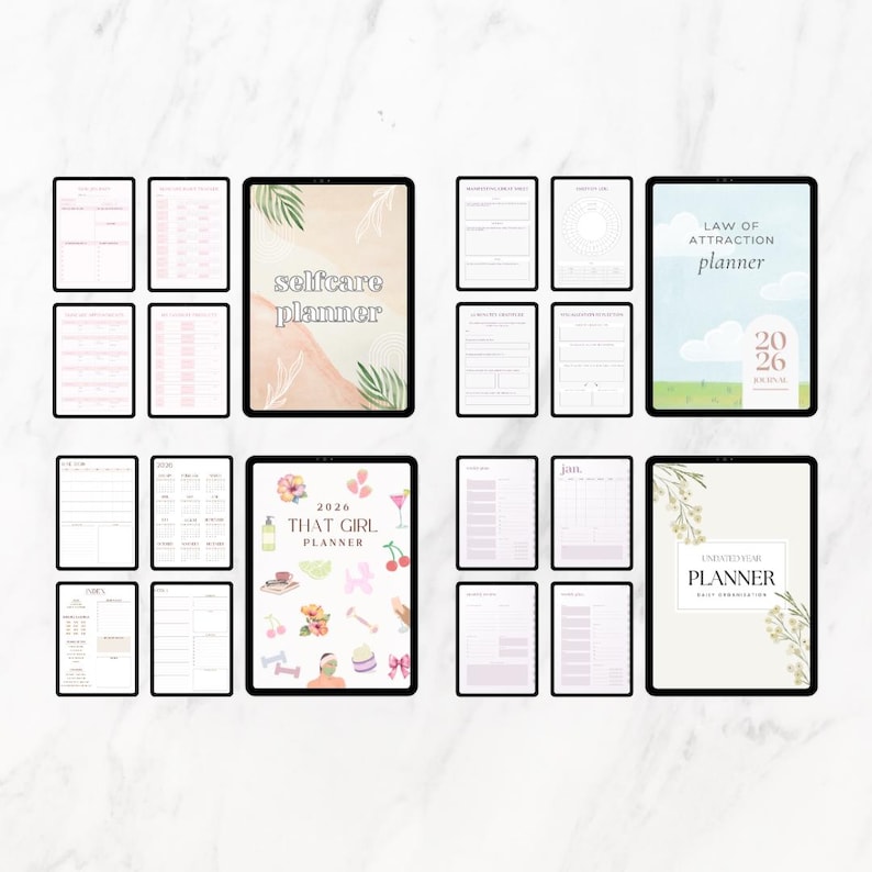 Puede incluir: Una colecci&oacute;n de planificadores digitales mostrados en tabletas. Los planificadores incluyen dise&ntilde;os para el autocuidado, la ley de la atracci&oacute;n y la definici&oacute;n de objetivos. La paleta de colores incluye rosa, beige y verde, con textos como "selfcare planner" y "2026 THAT GIRL PLANNER."