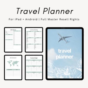 May include: A digital travel planner for iPad and Android featuring a cover page with an aeroplane and travel stamps, plus four internal pages including a daily itinerary, activity booking, destination map, and vacation budget in sage green.