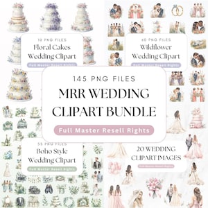 Puede incluir: Un paquete de arte digital con temática de boda. La imagen incluye ilustraciones de pasteles florales, parejas, vestidos de novia y arreglos florales. El texto en la imagen dice "MRR Wedding Clipart Bundle" y "Full Master Resell Rights."