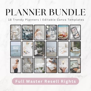 May include: A digital product image featuring a "PLANNER BUNDLE" with 18 trendy planner templates. The templates include fitness, daily lifestyle, gratitude, self-care, social media, pet care, and more. The text "Full Master Resell Rights" is also included.