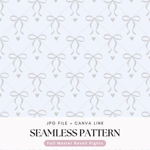 Puede incluir: Diseño de patrón sin costuras con un patrón repetido de lazos y corazones grises sobre un fondo azul claro. El texto "SEAMLESS PATTERN" se muestra en negro.