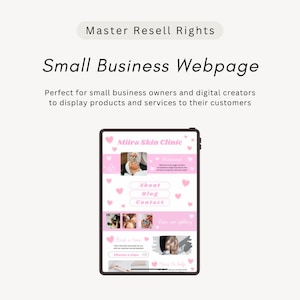 May include: A digital template for a small business webpage displayed on a tablet screen. The design features a pink and white color scheme with heart icons, displaying the text Miira Skin Clinic, About, Blog, Contact, and Book a time.