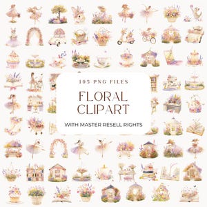 Paquete de imágenes prediseñadas florales con derechos de reventa PLR / Acuarela primavera pastel vida silvestre PNG arte de pared para guardería invitaciones infantiles / Diseño de arte natural
