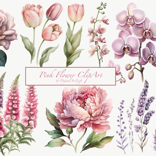 watercolor pink flower clip art roses peony lavender foxglove tulip cherry blossom png clipart transparent background