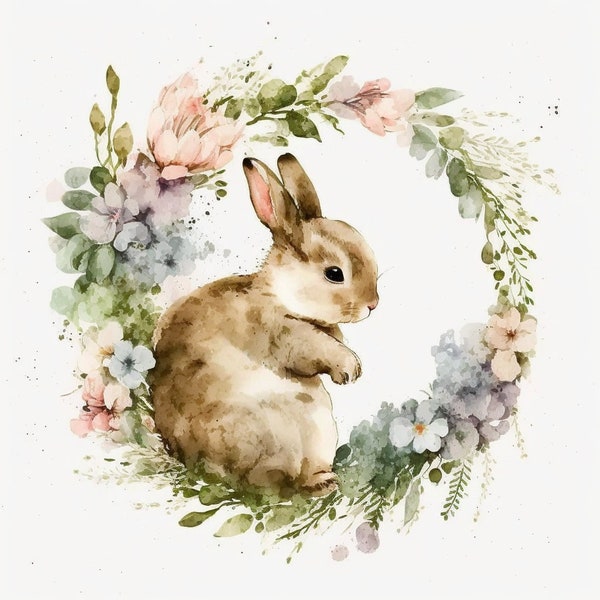 Bunnies With Flower Wreaths Clipart - 16 High Quality JPGs - Digital Planner, Junk Journals, Watercolor - Commercial Use - Digital Download