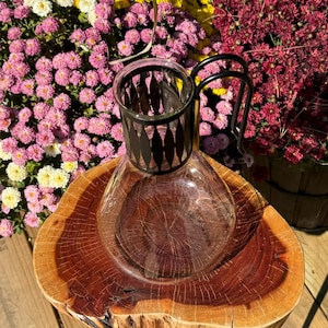 Può includere: Una caraffa di vetro trasparente con un manico in metallo nero e una gabbia in metallo decorativa attorno alla parte superiore. La caraffa è appoggiata su una superficie di legno.