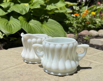 Vintage FENTON Milk Glass Teardrop Pattern Open Sugar Bowl and Creamer Set 5.5” Long