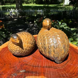 Vintage 1970s MCM Pair of OMC Otagiri Ceramic Stoneware Male and Female QUAIL Couple Reddish Brown