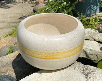 Vintage MCM Haeger Designs of Dundee IL USA Yellow Striped Pottery Bowl or Planter with Speckled Light Gray Over Cream 6.5” Wide