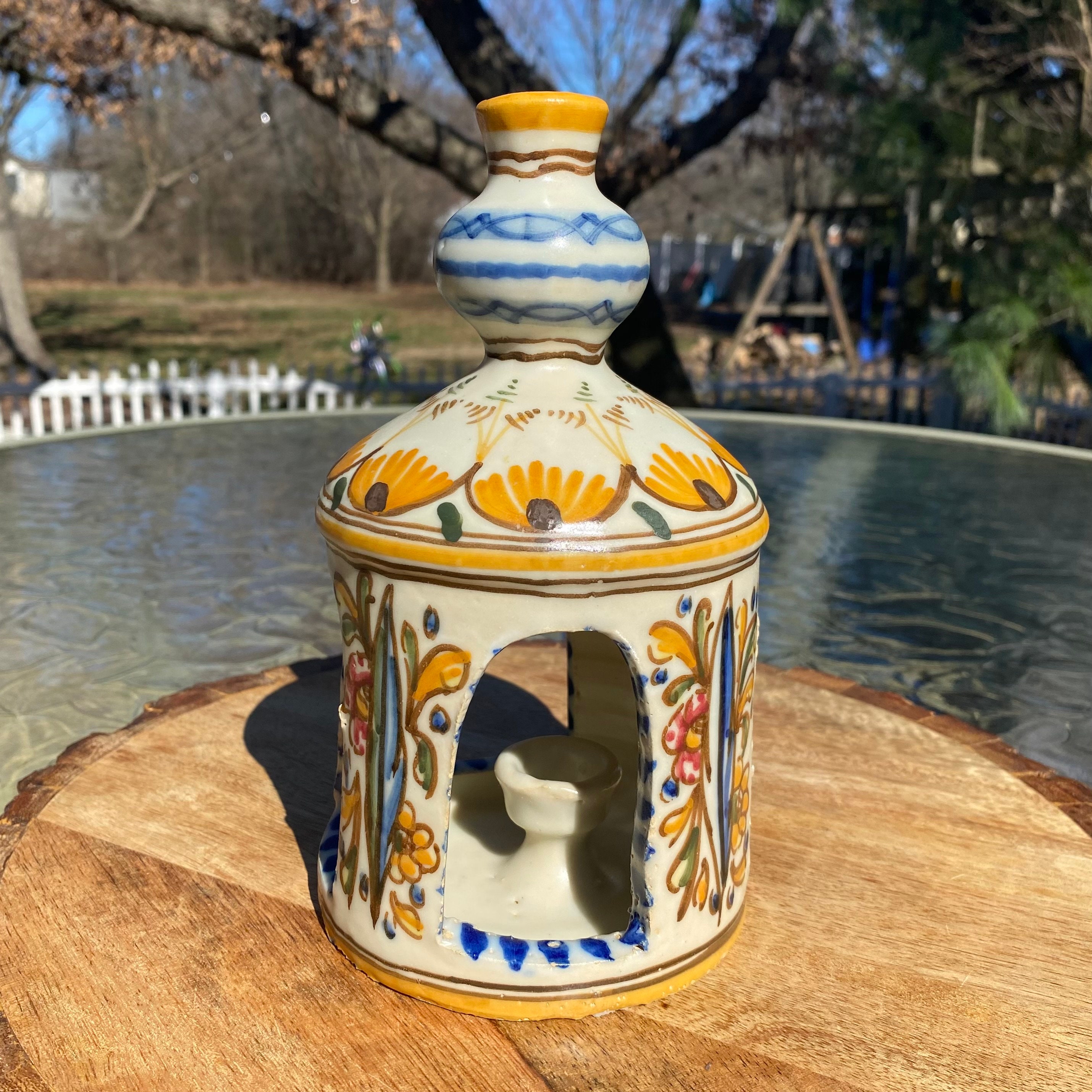 Vintage TOLEDO Art Pottery Cream Ceramic Clay Candle Holder Lantern Mustard Yellow Cobalt Blue Floral Design Made in Spain Signed 7.5” Tall
