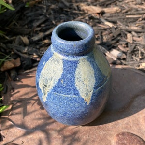 Vintage 2004 Studio Art Pottery Stoneware Bud Vase Primitive Aesthetic with Cobalt Blue and Celadon Green Artist Signed 4.25” Tall