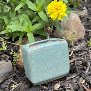 Vintage MCM Studio Art Pottery Stoneware Aqua Speckled Pattern ORGANIC Block Shaped Vase Artist Signed 4.125” Long