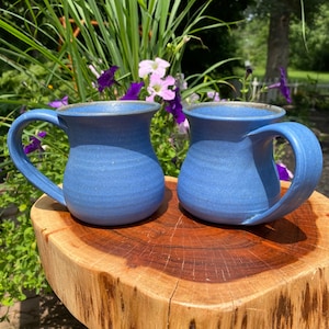 Vintage 1981 Pair of Studio Art Pottery Blue Bulbous Stoneware Cup Mug with Applied Handle Matte Glazed Artist Signed and Dated 3.75” Tall