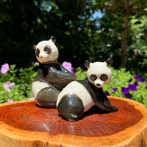 Vintage 1970s Pair of LOMONOSOV Porcelain PANDA Figurines Made in USSR 5” Tall