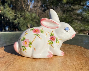 Vintage Andrea by Sadek Hand Painted Wht Ceramic Bunny Rabbit Coin Bank Figurine with Pink Florals Designed by Jay Willfred Made in Portugal