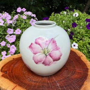 Vintage White Porcelain Vase with Hand Painted Pink Rose and Single Petal Artist Signed 5.375” Tall
