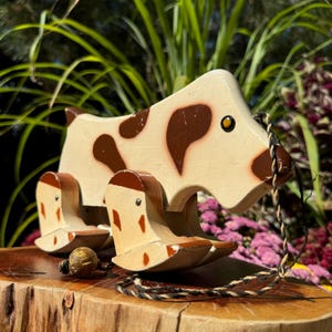 Vintage Mid Century Painted Articulated Cream and Tan Wooden Pull-Along TOY DOG with String Leash Made in USA 9” Long