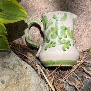 Vintage HOLT HOWARD Redware Hand Painted Green Floral Pottery Creamer Pitcher Stamped Italy 3.75” Tall