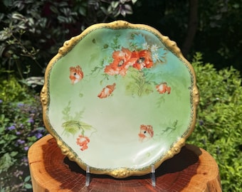 Antique LIMOGES Hand Painted RED POPPIES Porcelain Cabinet Plate Artist Signed Made in France 8.25” Wide