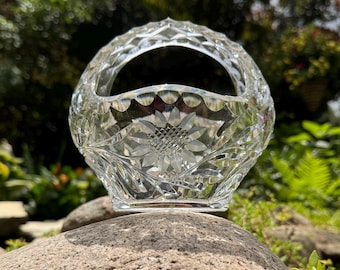 Vintage Clear Cut Crystal Glass Wedding Brides BASKET Sunflower Motif 5.75” Tall