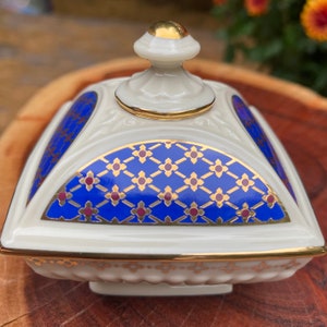 Vintage 1999 LENOX China Treasures Majestic Collection Royal Lapis Square Snuisterijdoosje met 24-karaats gouden accenten 2,5" hoog afbeelding 8