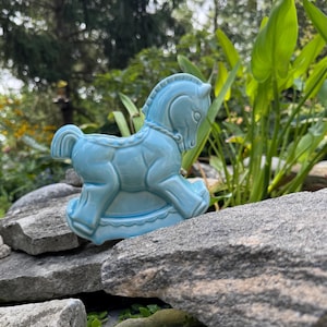 Vintage Pastel Blue Ceramic Figural ROCKING HORSE PLANTER #291 Baby Boy Room Nursery Decor 7” Long